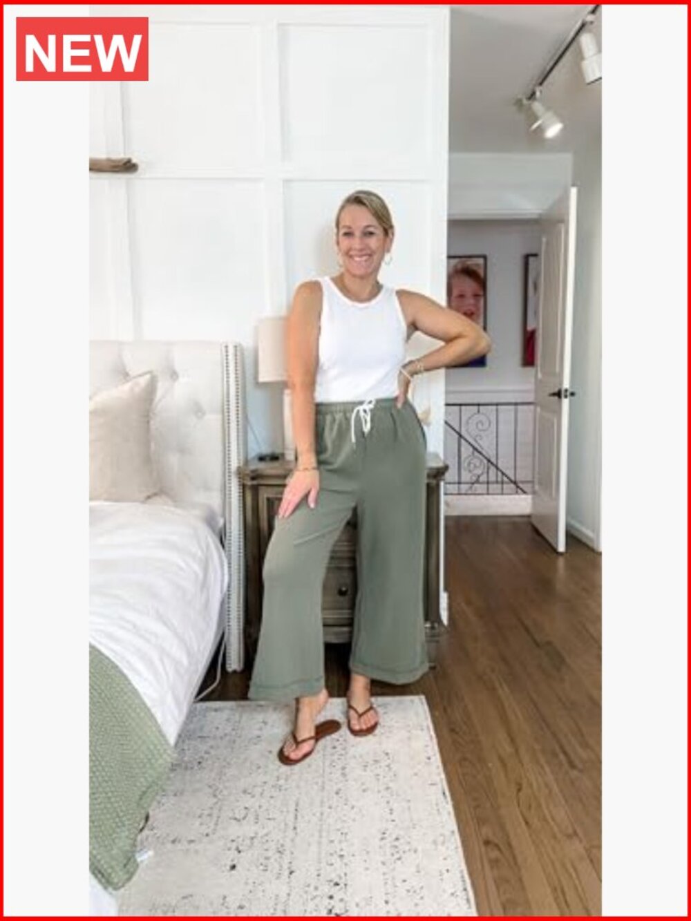 Wide Leg Palazzo Pants Elastic Waist Drawstring Lounge Trousers with Pockets - Picture 6 of 7